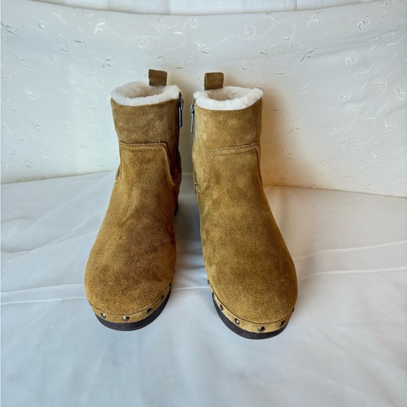 Cute Madewell Caramel Tan Leather Shearling Lined wooden block heel ankle boots - Picture 3 of 8